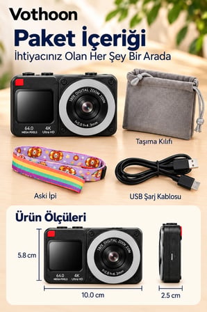 4K Dijital Fotoğraf Makinesi 18X Dijital Zoom 64 MP Ön ve Arka Ekranlı Kompakt Kamera Siyah