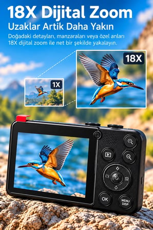 4K Dijital Fotoğraf Makinesi 18X Dijital Zoom 64 MP Ön ve Arka Ekranlı Kompakt Kamera Siyah
