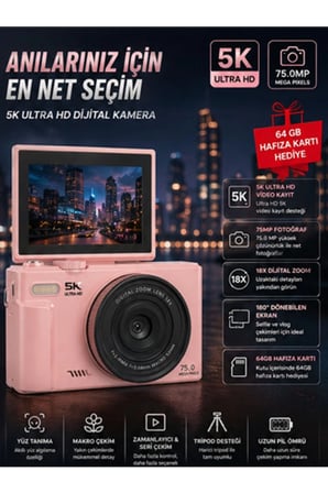 5K 75MP HD Dijital Kamera 18X Dijital Zoom, Flaşlı,3.0 inç Ekranlı Vlog ve Fotoğraf Makinesi