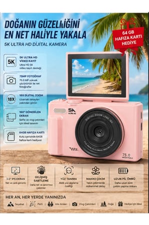 5K 75MP HD Dijital Kamera 18X Dijital Zoom, Flaşlı,3.0 inç Ekranlı Vlog ve Fotoğraf Makinesi