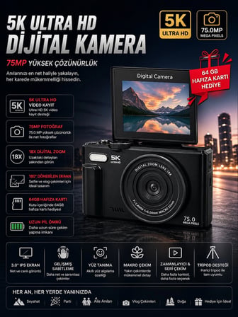 5K 75MP HD Dijital Kamera 18X Dijital Zoom, Flaşlı,3.0 inç Ekranlı Fotoğraf Makinesi