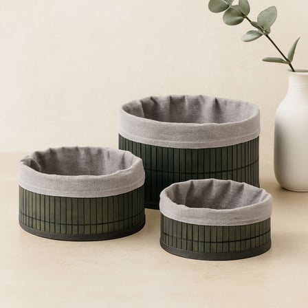 Yuvarlak Bambu Kenarlı Organizer Sepet (Gri, Ahşap Tabanlı)