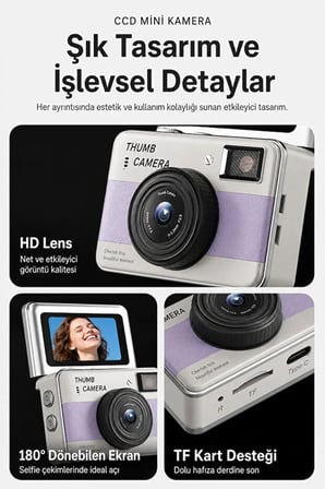 Retro Mini Dijital Kamera 1080P 1.47 İnç Flip Ekranlı Flaşlı Selfie Vlog Kamerası 4GB SD Hediyeli Pembe