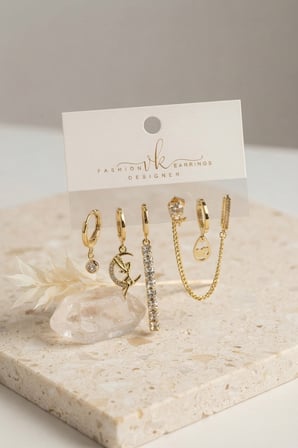 Gold Renk Pirinç Zirkon Taşlı 6'lı Küpe Set Kombini