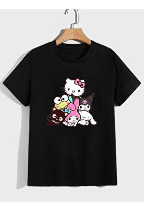 2li Kaliteli Pamuk Penye Kadın Baskılı Tshirt Hello Kitty Siyah Beyaz Tişört