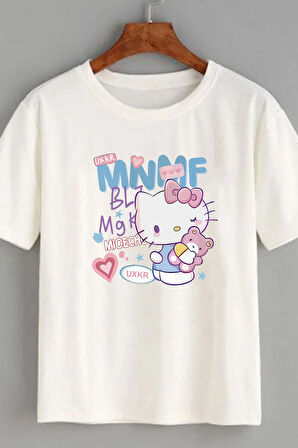2li Kaliteli Pamuk Penye Kadın Baskılı Tshirt Hello Kitty Siyah Beyaz Tişört
