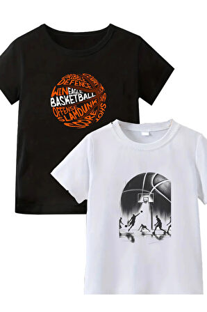 2li Kaliteli Pamuk Penye Unisex Kadın Erkek Basketball Baskılı Tshirt Siyah Beyaz Basketbol Tişört