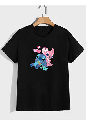 2li Kaliteli Pamuk Penye Kadın Baskılı Tshirt Lilo Stitch Siyah Beyaz Tişört