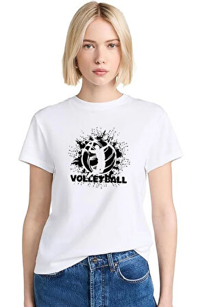 2li Kaliteli Pamuk Penye Unisex Kadın Erkek Volleyball Baskılı Tshirt Siyah Beyaz Voleybol Tişört