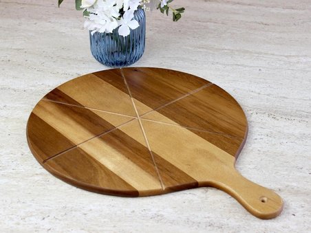 Limon Dekor Doğal Akasya Ağacı Yuvarlak Pizza ve Sunum Tahtası, Saplı Büyük Boy (Jumbo Uyumlu) Ahşap Şarküteri Tepsisi (42 x 54,5 x 1,5 cm)