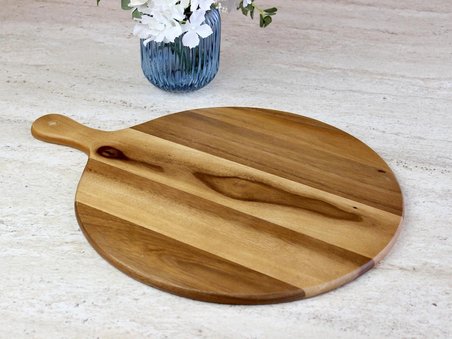 Limon Dekor Doğal Akasya Ağacı Yuvarlak Pizza ve Sunum Tahtası, Saplı Büyük Boy (Jumbo Uyumlu) Ahşap Şarküteri Tepsisi (42 x 54,5 x 1,5 cm)