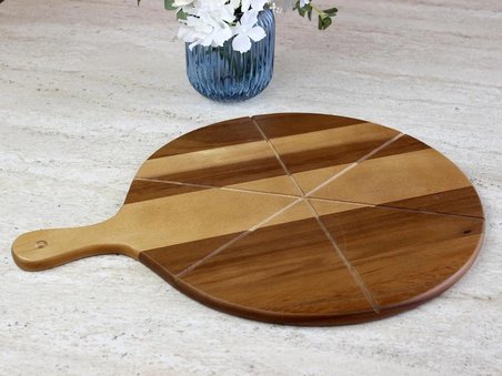 Limon Dekor Doğal Akasya Ağacı Yuvarlak Pizza ve Sunum Tahtası, Saplı Büyük Boy (Jumbo Uyumlu) Ahşap Şarküteri Tepsisi (42 x 54,5 x 1,5 cm)