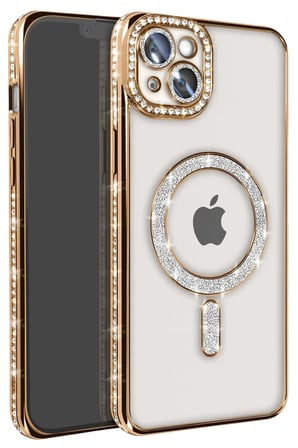 Apple iPhone 15 Kılıf Joke Simli Magneticsafe Kılıf - Gold