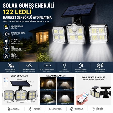 3'lü 122 LEDLİ Güneş Enerjili Hareket Sensörlü Aydınlatma, Dış Mekan Duvar ve Bahçe Lambası Solar LED