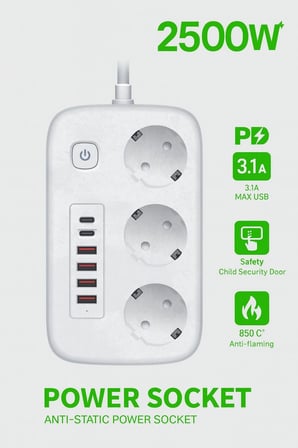 2500W Çoklu Priz 2 METRE – 3’lü AC Priz +5 USB Çıkışı AKIM KORUMALI Alev Almayan Gövde,