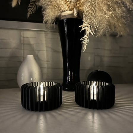 3D Baskı Modern Çizgili Mumluk - Tealight Mumluk (1 Adet)-Siyah