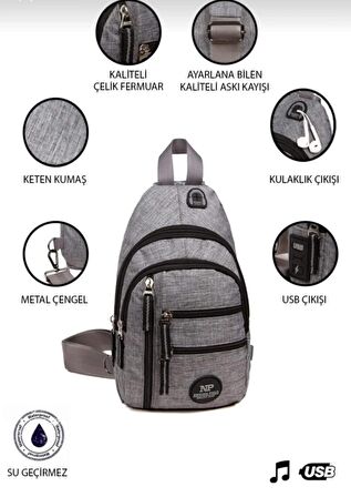 Anıl Bags Keten Kumaş Kulaklı ve USB Çıkışlı Çapraz Çanta