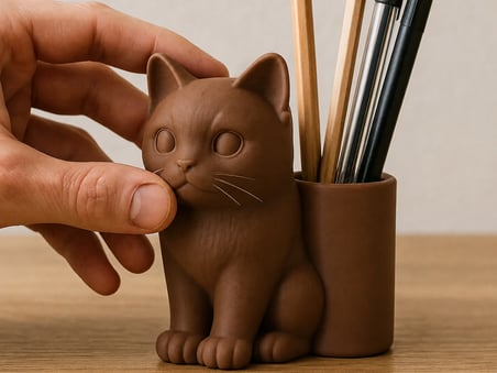 3D Baskı Kedi Figürlü Kalemlik - Masaüstü Organizer - Kahverengi
