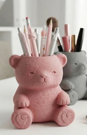 3D Baskı Sevimli Ayıcık Kalemlik - Masaüstü Organizer - Pembe