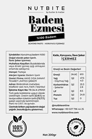 NUTBITE %100 Badem Ezmesi - Şeker İlavesiz - 200gr - Katkısız Koruyucusuz