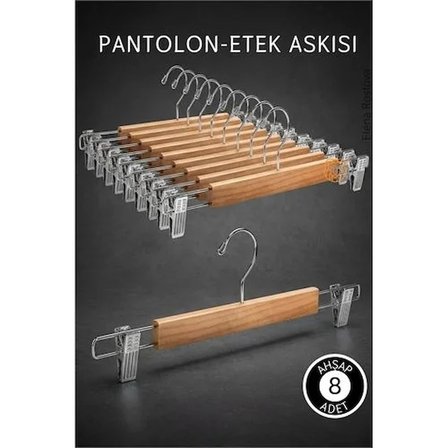 8 Adet Ahşap Pantolon Etek Askısı - Ayarlanabilir Gümüş Mandallı 36Cm Organizer Set 719305