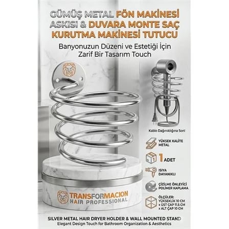 Gümüş Metal Fön Makinesi Askısı Duvara Monte Saç Kurutma Makinesi Tutucu 719681