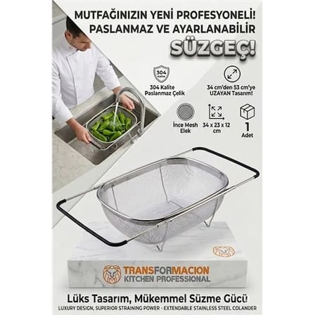 Ayarlanabilir Lavabo Üstü Süzgeç - Paslanmaz Çelik Makarna Meyve Sebze Yıkama Sepeti 723131