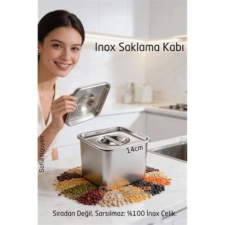 Inox Saklama Kabı - Hava Sızdırmaz Mutfak Düzenleyici 14X11 Cm 304 Paslanmaz Çelik
