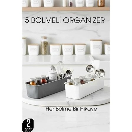5 Bölmeli Mutfak Organizer Kutusu Gri & Beyaz 2’Li Set Baharat Gereç Düzenleyici 722441
