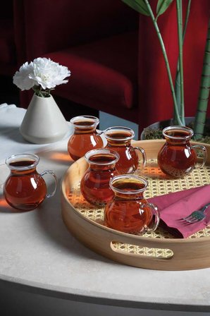 6'Lı Keyfi Ala Borosilikat Cam Kulplu Çay Bardağı