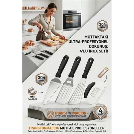 304 Inox Paslanmaz Çelik 4’Lü Spatula Hamur Seti - Profesyonel Seri 723144