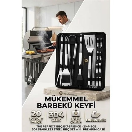 Profesyonel Barbekü Seti 20 Parça Çantalı Paslanmaz Çelik Mangal Maşa Spatula Fırça Şiş 723132