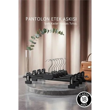 Siyah Pantolon Etek Askısı - 18’Li Set | Ayarlanabilir Metal Kıskaçlı Lüks Seri 720507
