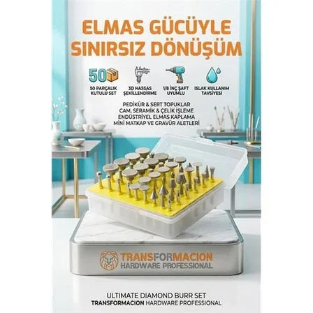 50 Parça Elmas Uçlu Döner Törpü Freze Seti - Pedikür Nasır, Topuk, Cam Taş İşleme Uçları 723151
