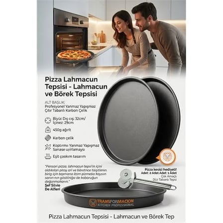 Çok Amaçlı Düz Pizza Tepsisi 32 Cm - Yanmaz Yapışmaz Karbon Çelik Kek, Börek Sunum Tepsisi 723293
