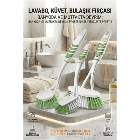3'Lü Profesyonel Temizlik Fırçası Seti - Ergonomik Banyo, Lavabo Bulaşık Fırçası 723095