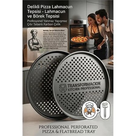 Profesyonel Delikli Pizza Tepsisi 32 Cm - Yanmaz Yapışmaz Çıtır Tabanlı Karbon Çelik Lahmacun Börek