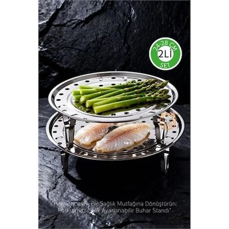 2'Li Set Inox Çelik Ayaklı Buharlı Pişirme Aparatı - 24+28 Cm Çok Amaçlı Tencere İçi Haşlama Standı