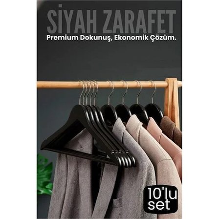 10'Lu Lüks Siyah Elbise Ceket Askısı - Ergonomik & Kaymaz Plastik Askı Seti - Ahşap Görünümlü 722535