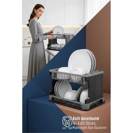 2 Katlı Rattan Dokulu Lüks Bulaşıklık - Kirli Beyaz & Siyah Düzenleyici