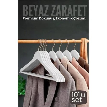 10'Lu Lüks Beyaz Elbise Ceket Askısı - Ergonomik & Kaymaz Plastik Askı Seti - Ahşap Görünümlü 722533