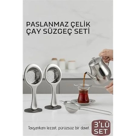 Çay Süzgeci Seti - 3 Parça Profesyonel Kulplu Demlik Filtresi Paslanmaz Çelik 718934