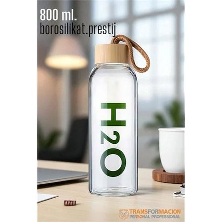 Cam Matara - 800 Ml Bambu Kapaklı Borosilikat Cam Matara - Ofis Matarası 721961