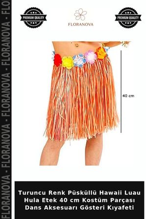 Turuncu Renk Püsküllü Hawaii Luau Hula Etek 40 cm Kostüm Parçası Dans Aksesuarı Gösteri Kıyafeti