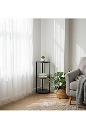 Dekoratif 3 katlı Raflık, Çiçeklik, Köşe Rafi, Sehpa Çok Amaçlı Raf -Siyah Antrasit-