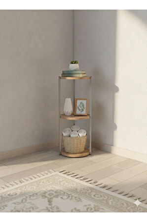 Dekoratif 3 katlı Raflık, Çiçeklik, Köşe Rafi, Sehpa Çok Amaçlı Raf -Gri Ceviz-