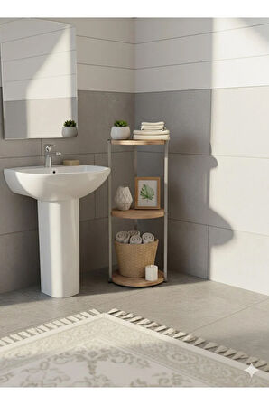 Dekoratif 3 katlı Raflık, Çiçeklik, Köşe Rafi, Sehpa Çok Amaçlı Raf -Gri Ceviz-