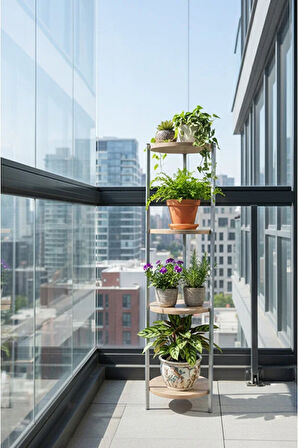 Dekoratif 4 katlı Raflık, Çiçeklik, Köşe Rafi, Sehpa Çok Amaçlı Raf -Gri Ceviz-