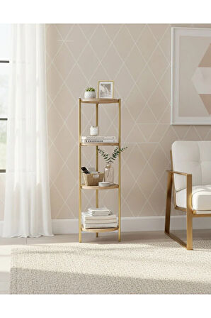 Dekoratif 4 katlı Raflık, Çiçeklik, Köşe Rafi, Sehpa Çok Amaçlı Raf -Gold Ceviz-