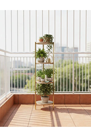 Dekoratif 4 katlı Raflık, Çiçeklik, Köşe Rafi, Sehpa Çok Amaçlı Raf -Gold Ceviz-